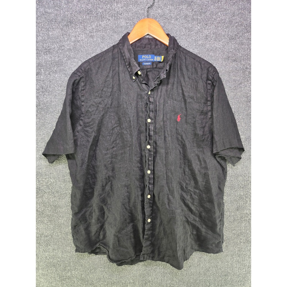 Polo Ralph Lauren Mens XL Black Linen Short Sleeve Button Down Classic Fit Shirt
